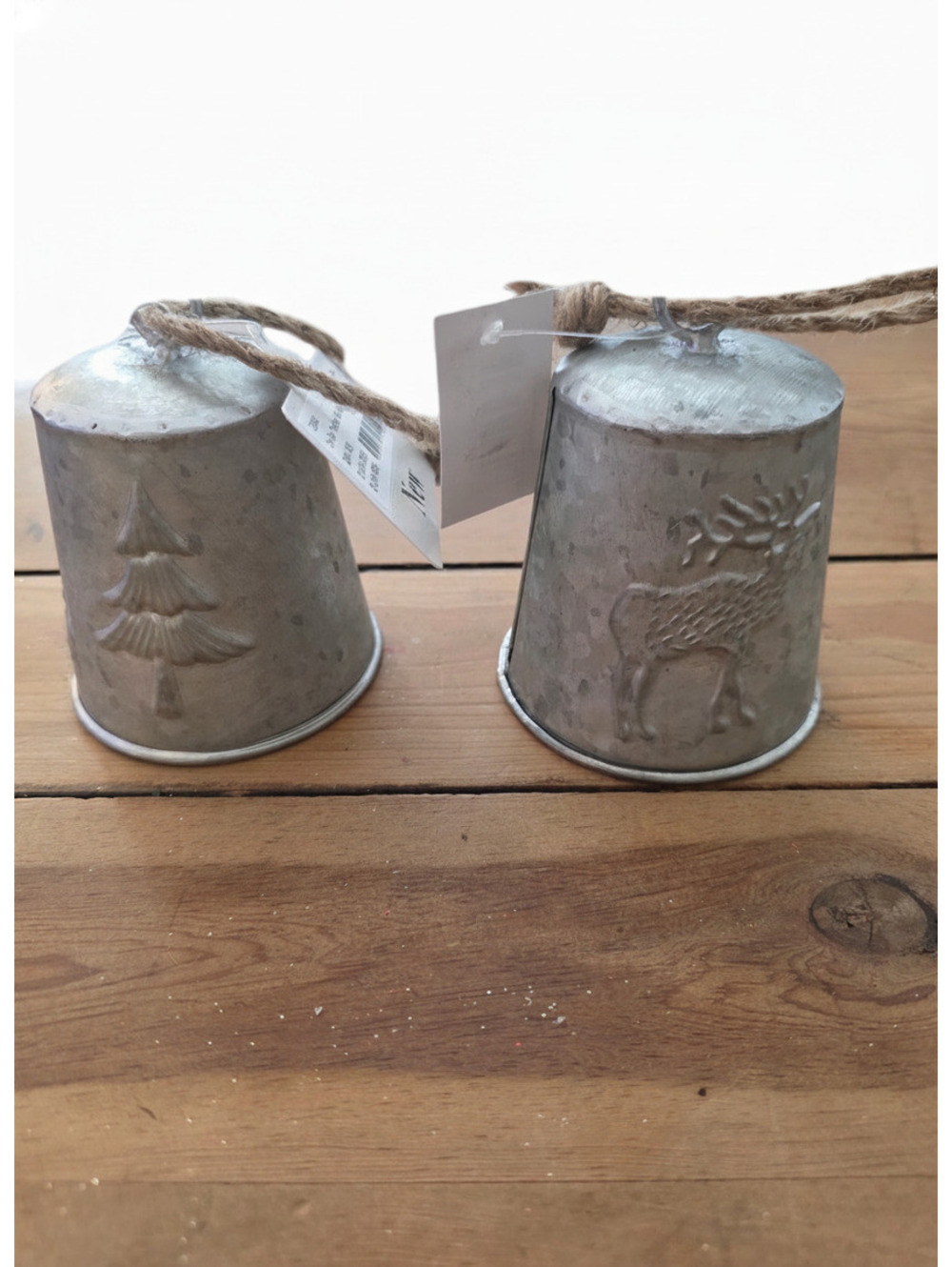 Set of 2 Rustic Metal Hanging Bells with Christmas Tree and Reindeer Designs